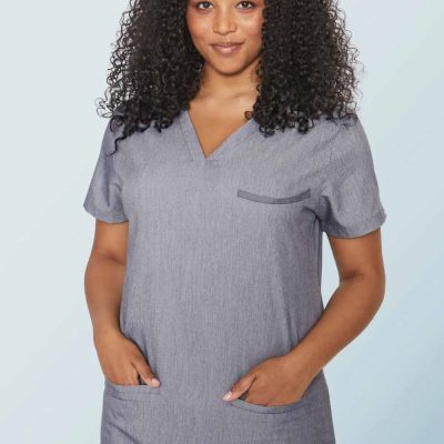 gray women’s scrub top and bottom