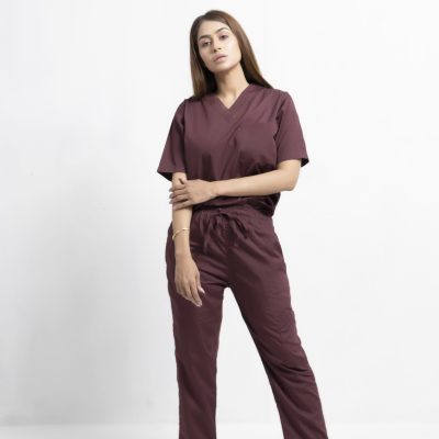 waterproof and antimicrobial finish maroon scrub set front view