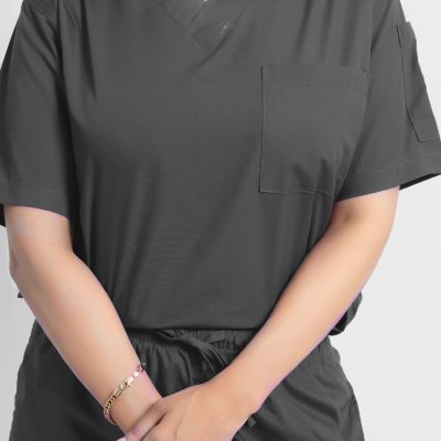 65 % cotton and 35% polyester black scrub top front view