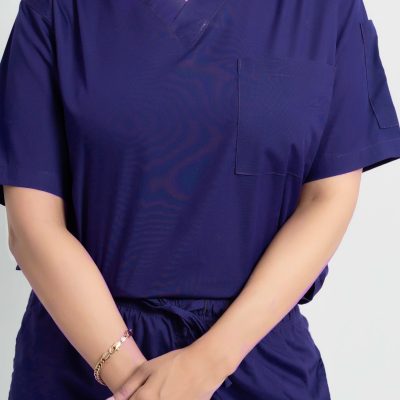 65 % cotton and 35% polyester navy blue scrub top front view