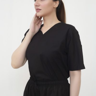 stretch and flex 97% cotton, 3% lycra black scrub top front view